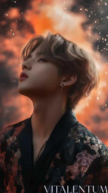 Luminous portrait of contemplative youth against ember-filled bokeh