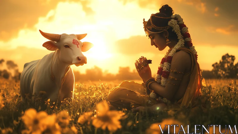 Human figure and cow sit in backlit rural field at sunset