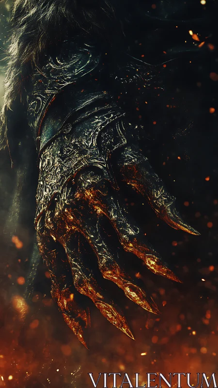 Demonic armored claw descends amid drifting embers and ash.