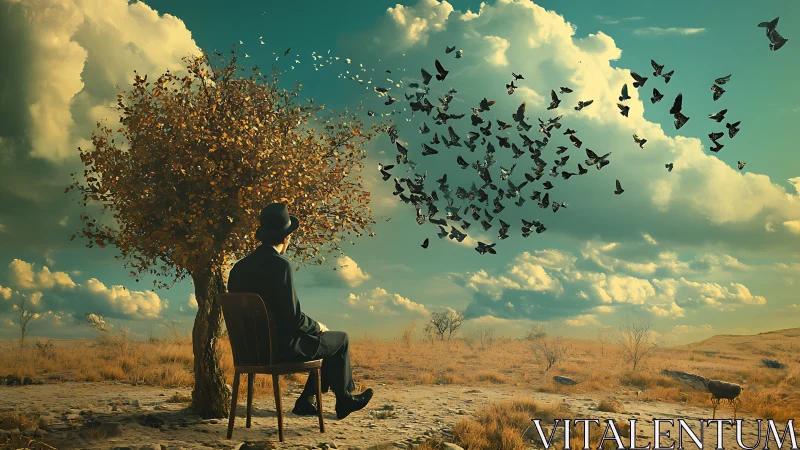 Man in arid plain observes flock dissolving from autumn tree crown