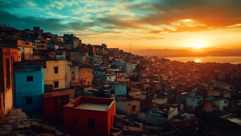Dense hillside settlement overlooks coastal sunset horizon