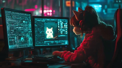 Cyberpunk dual-monitor catgirl coder in neon studio environment.