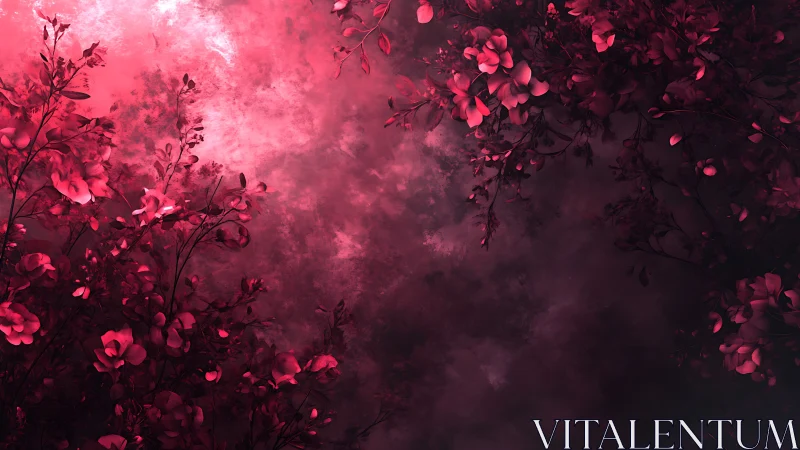 Crimson Blooms Drift Through Shadowed Velvet Mist