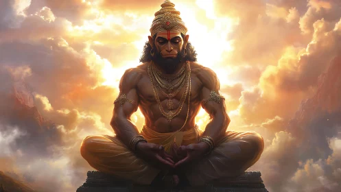 Radiant monkey-faced deity rests in golden sunrise clouds