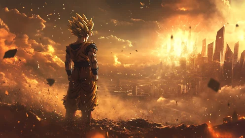 Saiyan warrior watching fiery destruction of city skyline.
