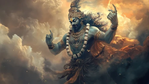 Majestic sky deity dances in swirling golden storm clouds