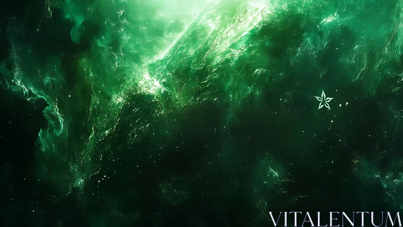 Cosmic emerald nebula with isolated stelliform emblem design.