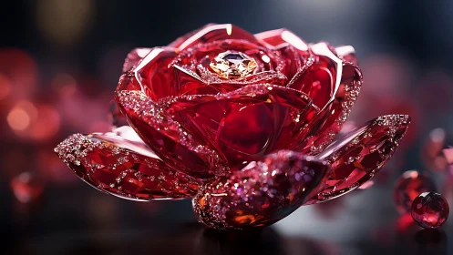 Crystalline ruby rose blooms with glittering jeweled light.