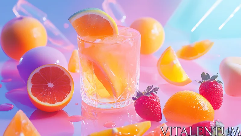 Citrus beverage with fruits and gradient background.