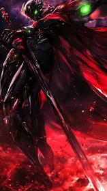 Cybernetic swordsman in red energy storm, low-angle view.