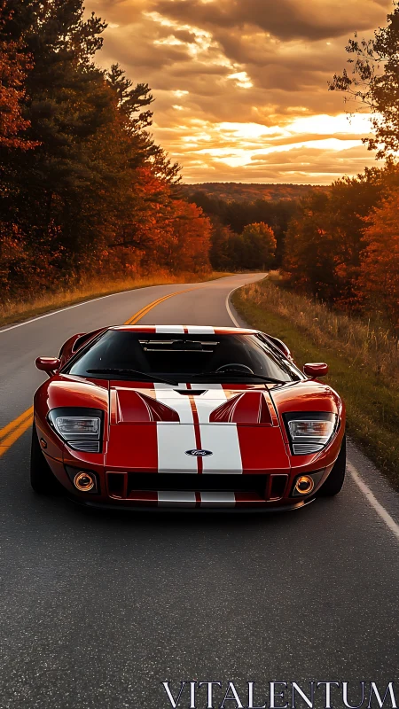 Low-angle frontal view of red sports car on winding rural asphalt