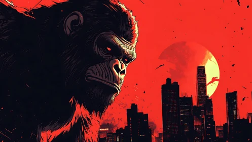 Giant gorilla silhouette dominates stark red city skyline.