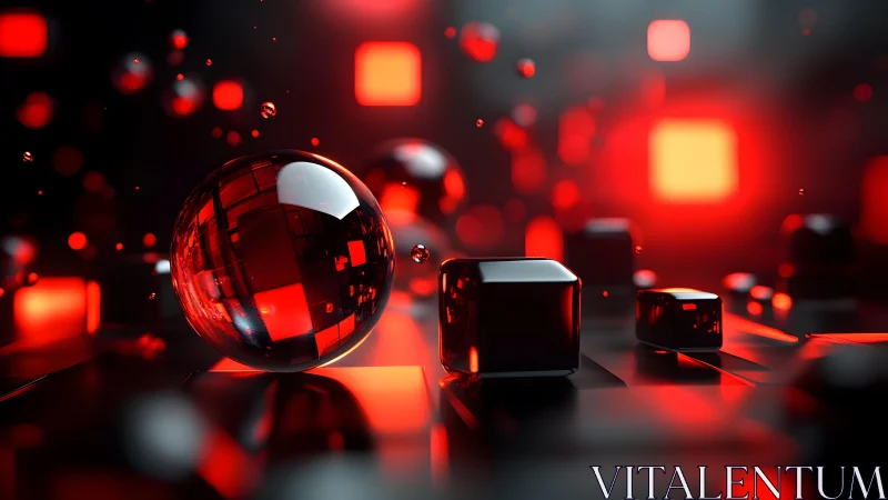 3D red glass sphere and cubes on neon-lit reflective grid.