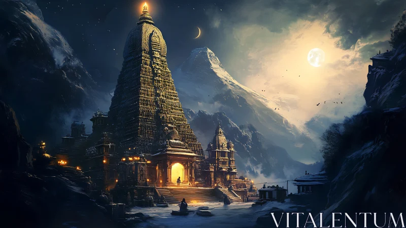 Ancient mountain temple glows under full moon and crescent sky