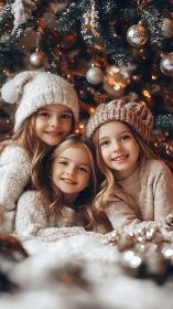 Three children in knitwear sit under decorated Christmas tree