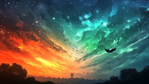 Twilight sky rift over silhouetted temple and soaring birds.