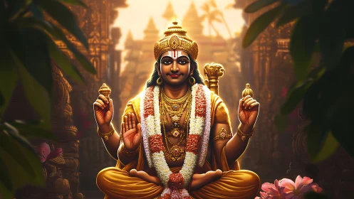 Golden Hindu deity statue glows inside sunlit temple sanctuary.