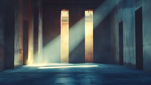 Sunlit vertical openings in minimal concrete corridor interior.