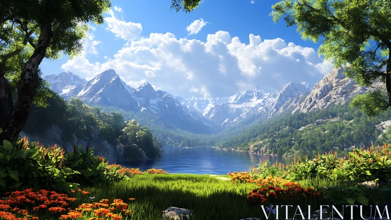 Mountain lake landscape under bright midday light.