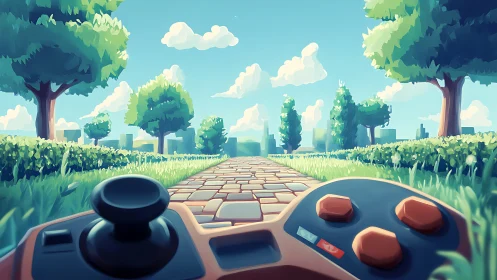 Low-angle gamepad POV directs stylized path through sunlit parkland