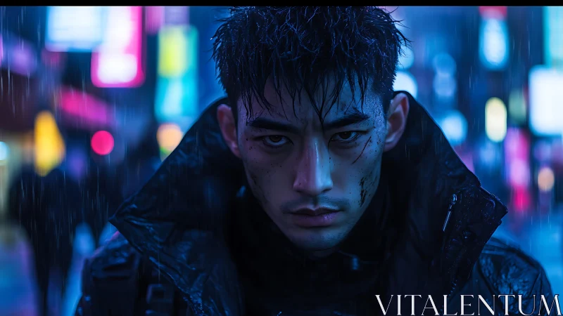 Cyberpunk vigilante under neon rain, intense blue glow.