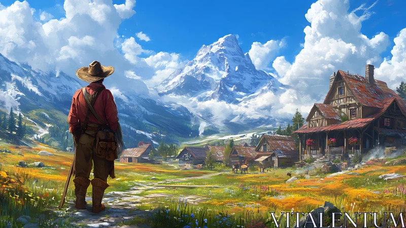 Lone traveler surveys alpine village under towering snow peak