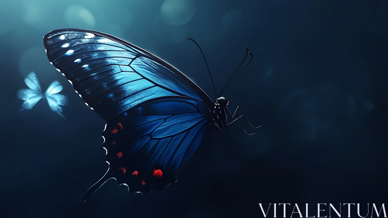 High-contrast macro rendering of luminous blue butterfly wings in flight