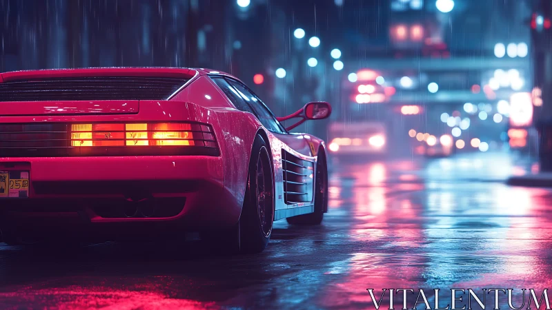 Neon-lit sports car idles in rain-soaked cyberpunk boulevard
