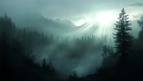 Fogbound mountain lake absorbs cold sunrise light