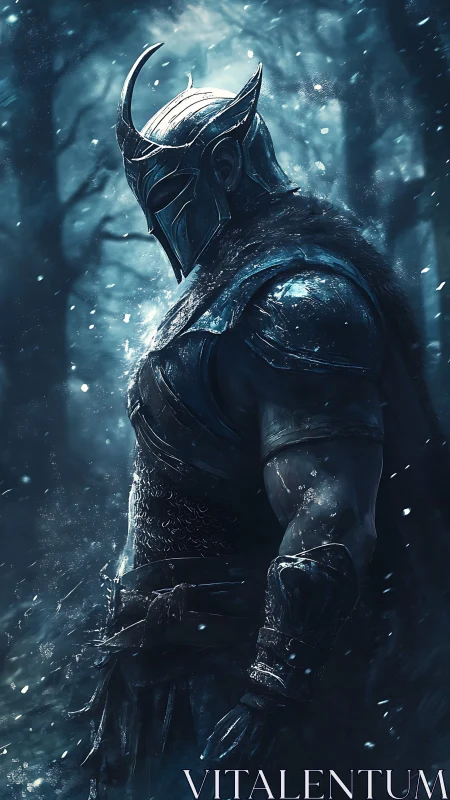 Helmed winter warden brooding in a frostbitten forest.