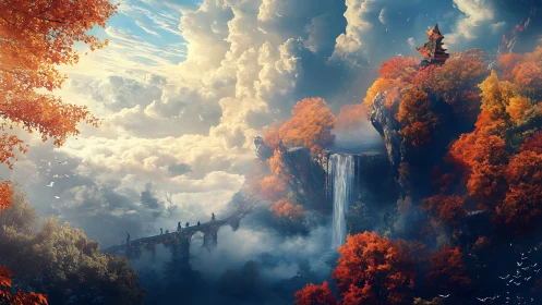 Autumn cliffs, misted waterfall and pagoda above cloud sea.