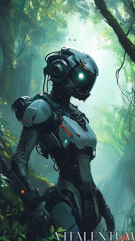 Humanoid robotic figure standing in dense forest environment.