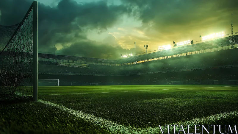 Floodlit football stadium field stands empty before kickoff