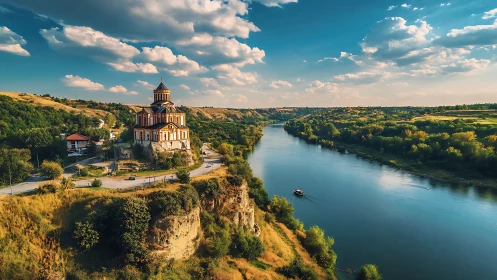 Hilltop church overlooks wide river valley under clouds
