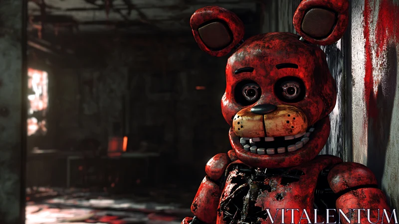 Distressed red animatronic bear haunts decayed corridor.