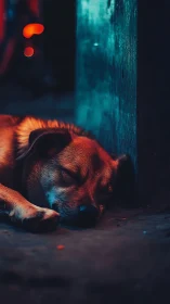 Dog sleeping on city floor under strong neon lighting.