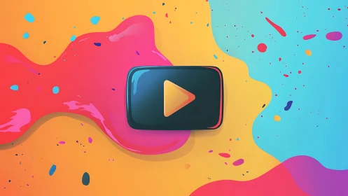 Glossy play button icon centered on fluid neon gradient splash