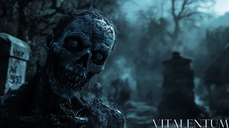 Photorealistic decayed zombie portrait in foggy graveyard setting.