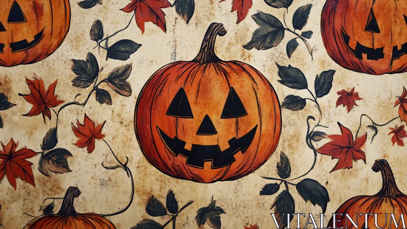 Illustrated Halloween pumpkins with vintage botanical pattern.