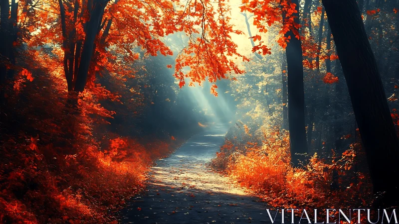 Autumn Forest Path with Golden Sunlight.