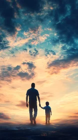 Silhouetted footsteps wander upward into a painted evening sky