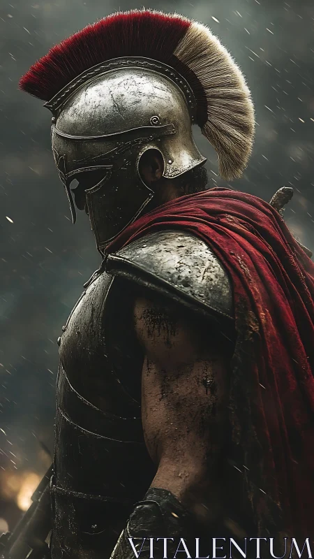 Battle-worn Spartan warrior waits in stormlit silence