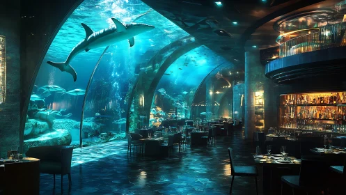 Underwater fine-dining hall glows with panoramic ocean views.
