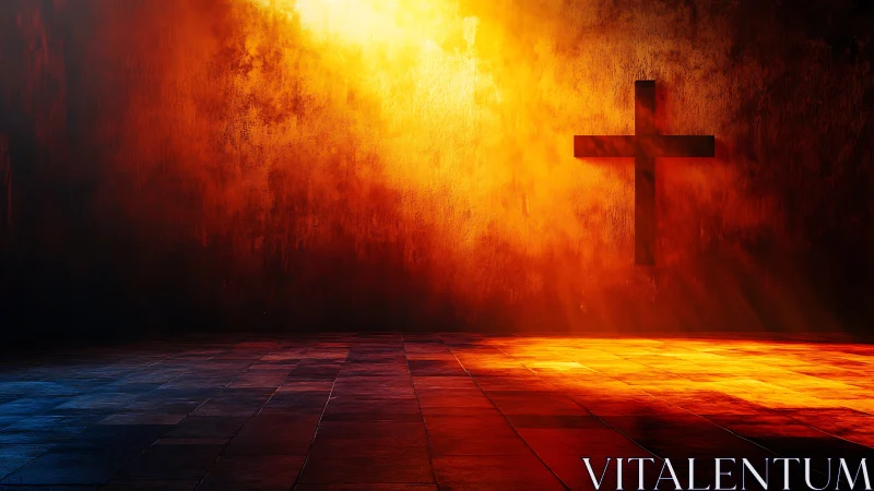 Burning sanctuary wall where a lone cross drinks sunlight.