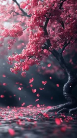Cherry blossom canopy over stone path in cinematic light.