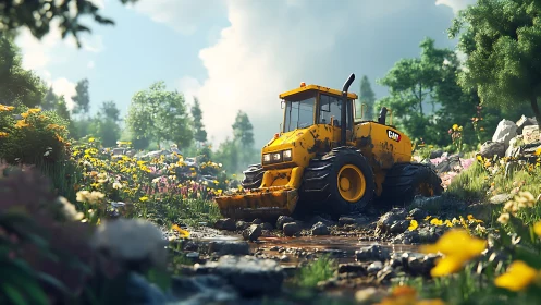 Yellow bulldozer rests in a sunlit wildflower valley stream