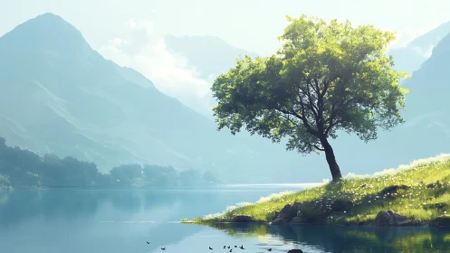 Solitary lakeside tree rendered in luminous digital landscape