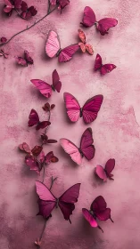 Chromatic magenta lepidoptera array on textured stucco wall.