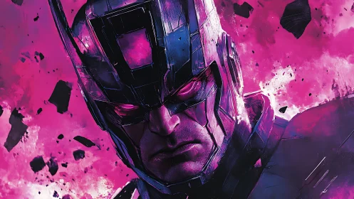 Chromatic armored sentinel amid magenta particulate detonation.