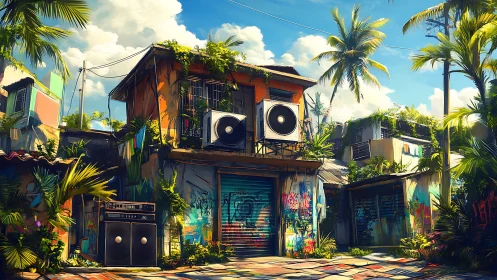 Tropical alley soundstage with graffiti storefronts and vines